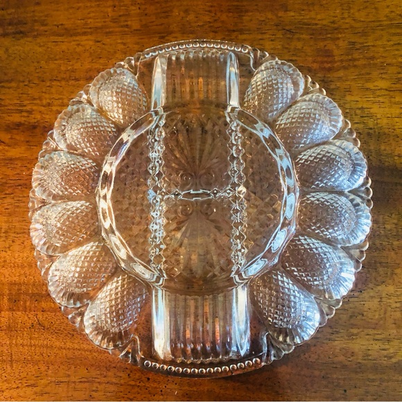 Crystal LE Smith Glass Deviled Egg Serving Platter 11" Pineapple Pattern Vintage - Picture 4 of 4